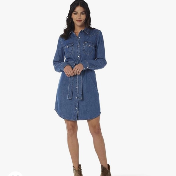 Wrangler Dresses & Skirts - 🎉Wrangler Women's Retro Long Sleeve Western Denim Snap Dress w/ waist tie sizeL